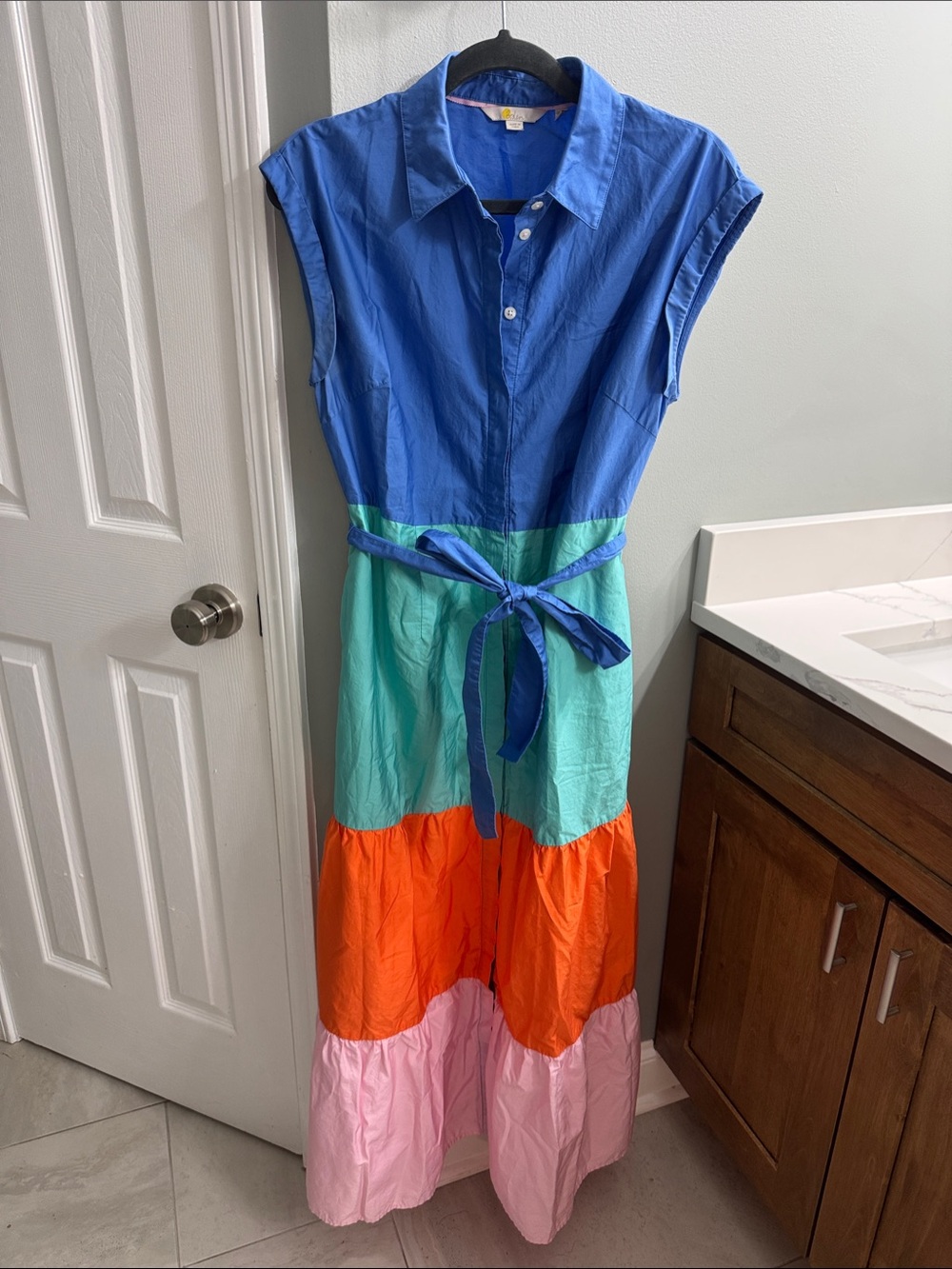 Boden Colorblock Tiered Shirt Dress in Blue, Teal, Orange & Pink